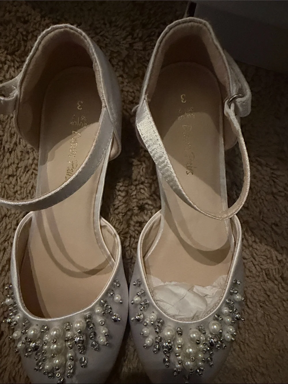 White Embellished Girls Ankle-Strap wedge dress shoe
